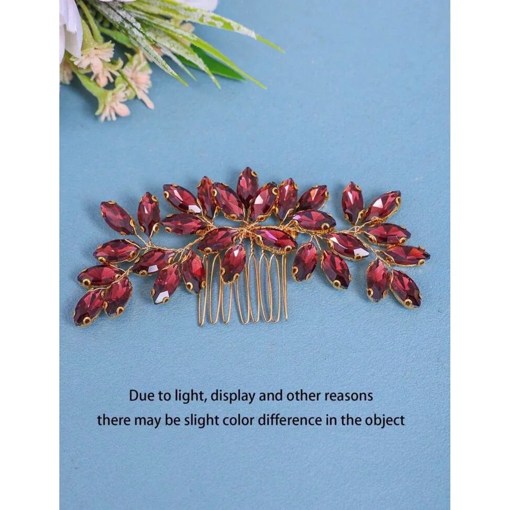 Unbranded Rhinestone Hair Comb Women OS Burgundy Gold Floral Vine Headpiece